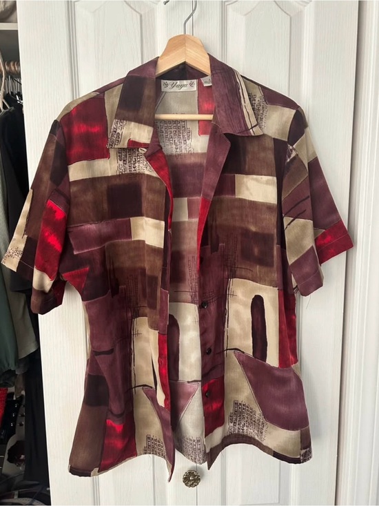 Other - Vintage Abstract Block Print Button-Up Silk Shirt